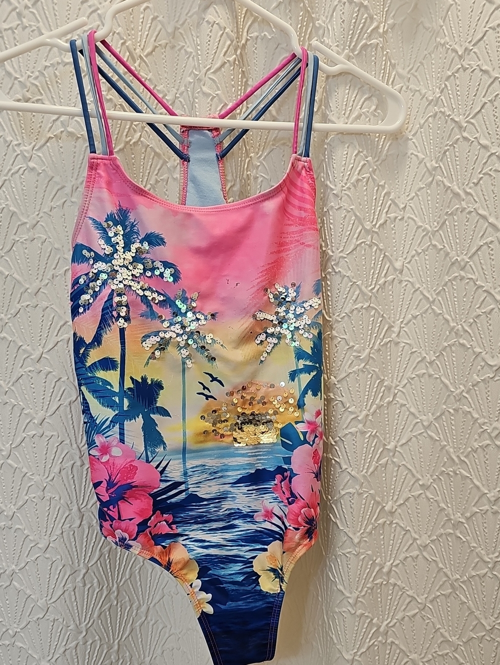 Tropical Sequin One-Piece Swimsuit - Pink Blue Sunset